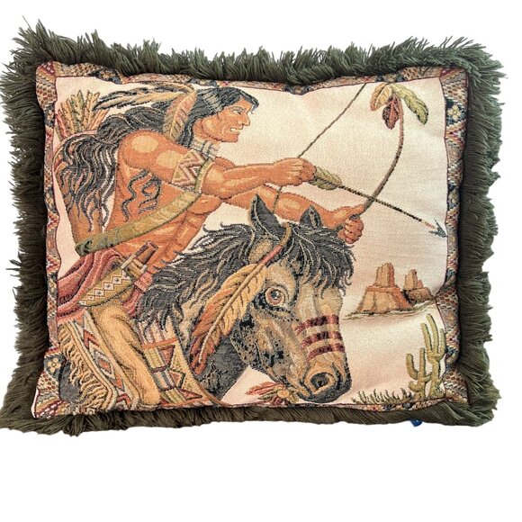 Ashford Court Native American Tapestry Throw Pillow w/ Fringe Bow & Arrow Horse - Picture 1 of 10